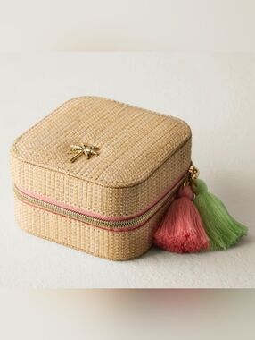 Spartina 449 Woven Straw Cosmetic Case with Pink & Green Tassels